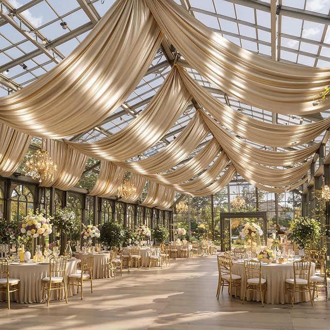 50ftx40ft Champagne Gold Ceiling Curtain for Wedding Parties – 10 Panels Wrinkle-Free 40 FT Long Tent Draping Curtains for Wedding, Birthday & Theme Parties, 40ft Height with Rod Pocket