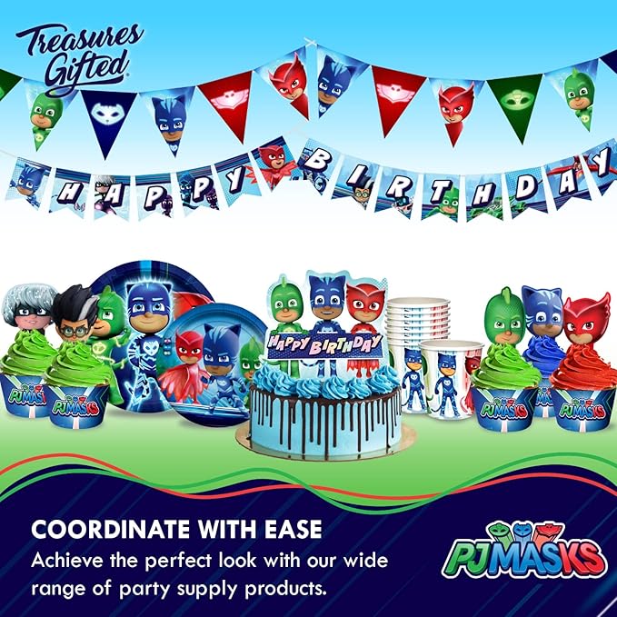 Treasures Gifted Officially Licensed PJ Masks Birthday Decorations - Serves 16 Guests - Dinnerware Classic Set - PJ Masks Party Supplies - Plates, Napkins & Cups Set