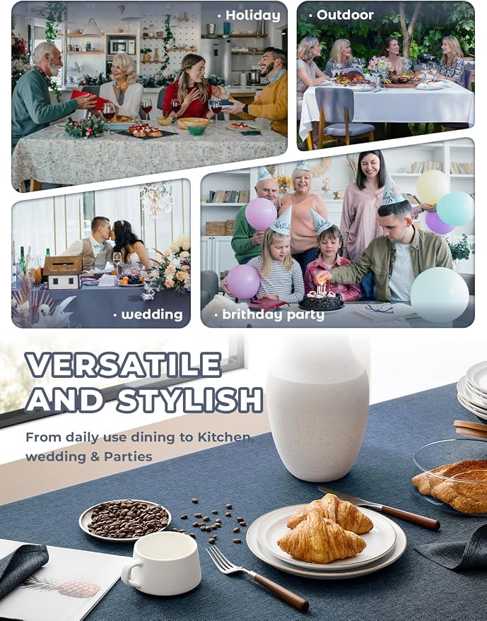 Decorelia Faux Linen Farmhouse Table Cloth 60"x144" for 10 ft Rectangle Table, Denim Blue Waterproof Outdoor Washable Tablecloth for Rectangular Dining Room Kitchen Outdoor Party Restaurant Table