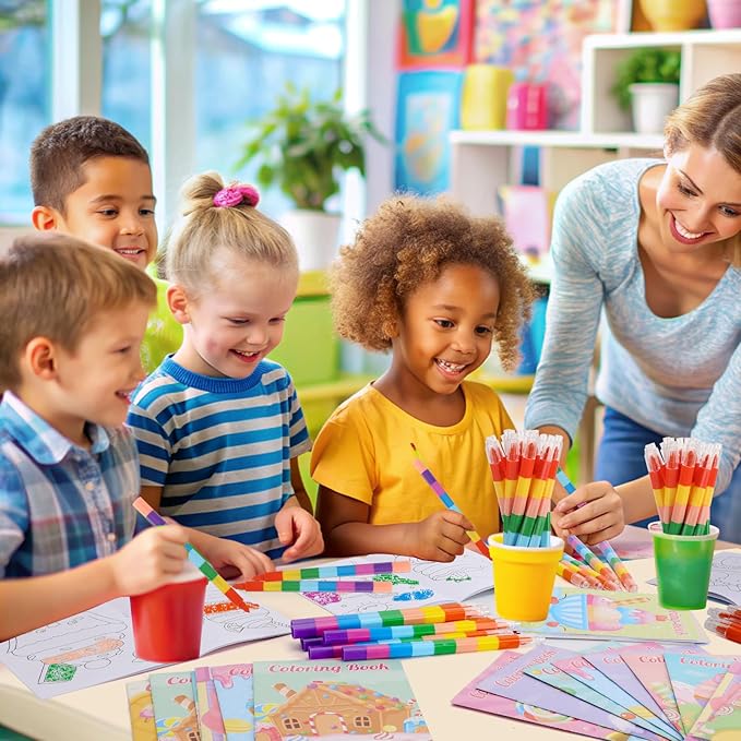 BenLouis 24 Sweet Mini Coloring Books Kids with 24 Stacking Crayons Candyland Donut Party Favors Activity Books Bulk for Kids Ice Cream Birthday Goodie Bag Gift Stuffer Classroom Reward