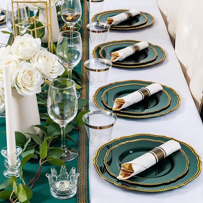 Hioasis 175pcs Green Gold Plastic Plates - Gold Plastic Dinnerware Set Includes 25 Dinner Plates, 25 Dessert Plates, 25 Gold Utensils, 25 Napkins Perfect for Wedding