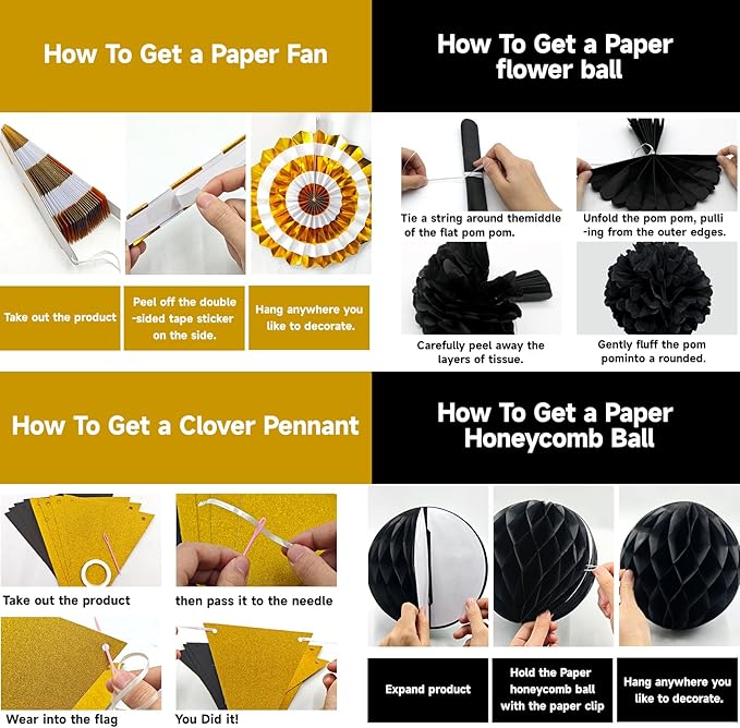 24 Pcs Black and Gold Party Decorations, Paper Fans Honeycomb Pom Poms Pennant Garland, Reusable Hanging Supplies for 2026 Graduation Birthday New Year Wedding Anniversary