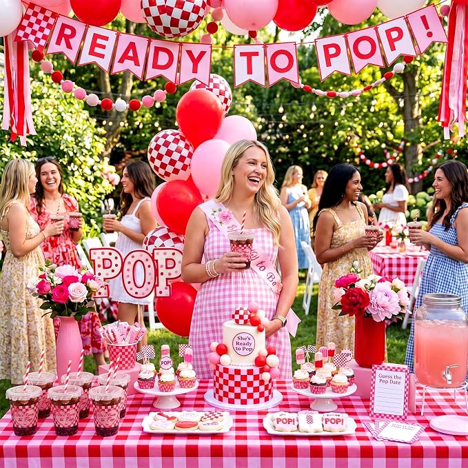 FoldTier 50 Sets Dirty Soda Bar Supplies She's ready to Pop Cups with Lids and Straws 12oz Clear Disposable Plastic Cups with Lids, Red Party Cup for Baby Shower Gender Reveal Party Popcorn Cold Drink