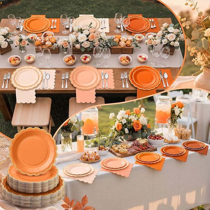 Zhehao 150 Pcs Fall Beige Orange Plates and Napkins Tableware Serves 50 Includes 9 Inch 7 Inch Beige and Orange Scalloped Wave Edges Paper Plate and Napkins for Wedding Birthday Baby Shower Party