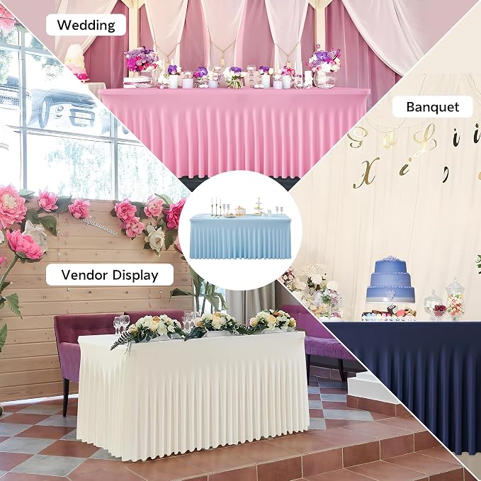 leegleri 4 Pack Blue Spandex Table Clothes for 6 Foot Rectangle Tables, Wrinkle Free Fitted Table Cover 6ft Stretch Tablecloths with Skirt for Parties Weddings Birthday Banquet Baby Shower