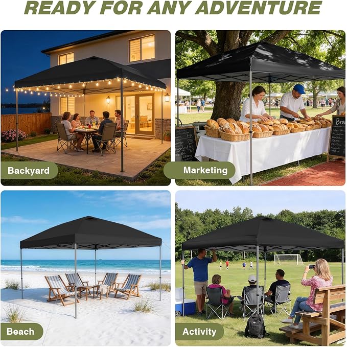 HYPER VENTURE 10x10ft Pop Up Canopy Tent with One Push Setup, Portable Outdoor Event Shelter with Rolling Carry Bag for Camping, Beach, Market, Patio (Black)