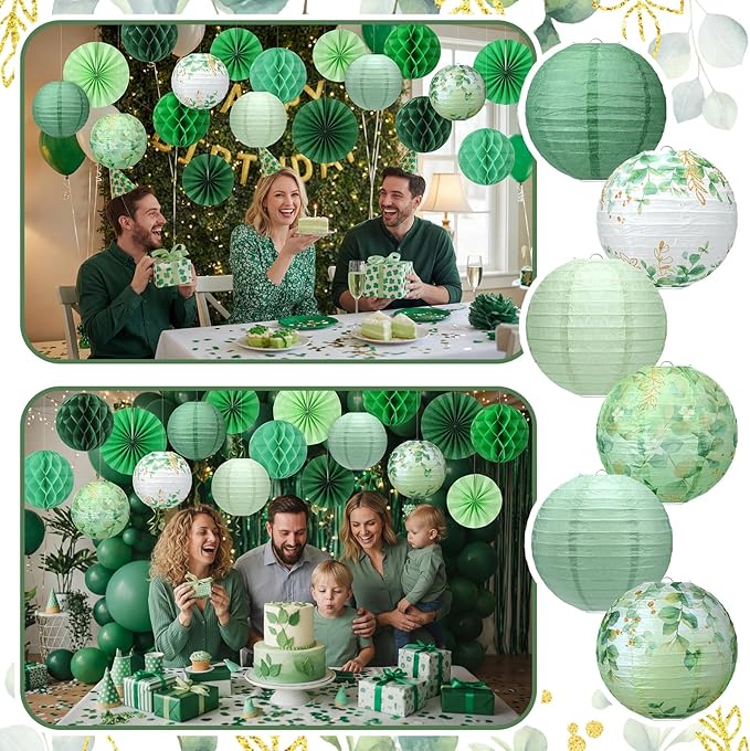 Retisee 18 Pcs Eucalyptus Leaves Sage Greenery Party Decorations Eucalyptus Leaves Hanging Paper Lanterns Sage Green Honeycomb Fans Honeycomb Ball for Neutral Green Theme Party Ceiling Decor Supplies