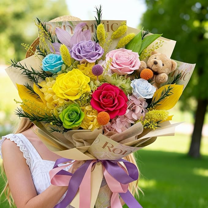 Preserved Bouquet with Bear: Big Flowers Big Love-Romantic Graduation Gifts for Her-Daughter Girlfriend Wife Mom-Flowers for Delivery Prime on Birthday Valentines Anniversary (Dopamine 1)
