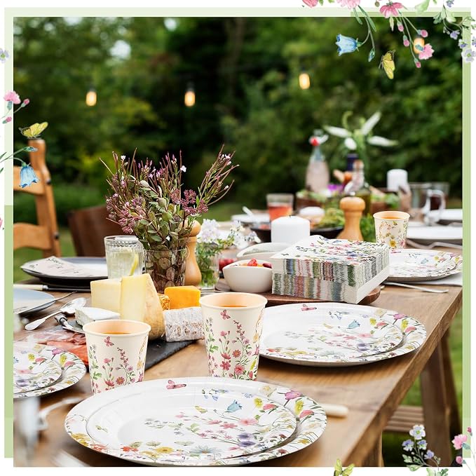 Ziliny 250 Pcs Wildflower Party Decorations Include Spring Summer Floral Paper Plates Napkins and Cups for Wildflower Baby Shower Tea Decorations, Serve 50 Guest(Vivid, Blossom Style)
