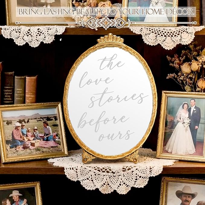 Bucherry Vintage Love Wedding Sign The Love Stories Before Ours Mirror Plaque Elegant Resin Frame with Mirror 10.6" x 7.9" Baroque Reception Decor Gold Table Centerpiece