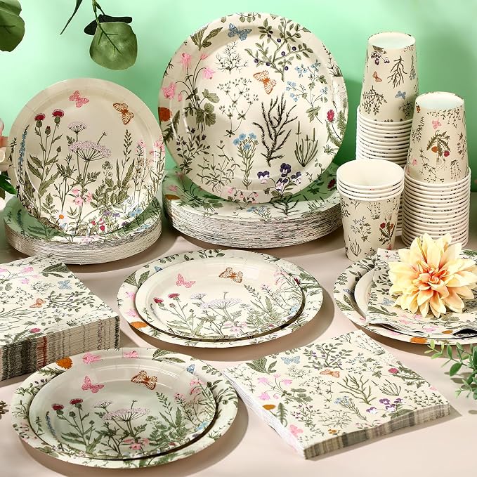 Ziliny 250 Pcs Wildflower Party Decorations Include Spring Summer Floral Paper Plates Napkins and Cups for Wildflower Baby Shower Tea Decorations, Serve 50 Guest(Light Green,Vintage Style)