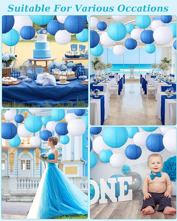 Treela 48 Pcs Paper Lanterns Party Decorations Chinese Round Paper Decor 4/6/8/10 Inch Asian Hanging Lamps Decorative for Birthday Party Wedding Bridal New Year Supplies(Blue,White)