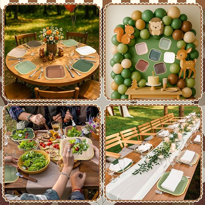 60 Pcs Woodland Green and Brown Paper Plates 7 Inch Gradient Disposable Square Dessert Party Plates with Gold Edge for Birthday Wedding Bridal Baby Shower Party Supplies, 6 Colors