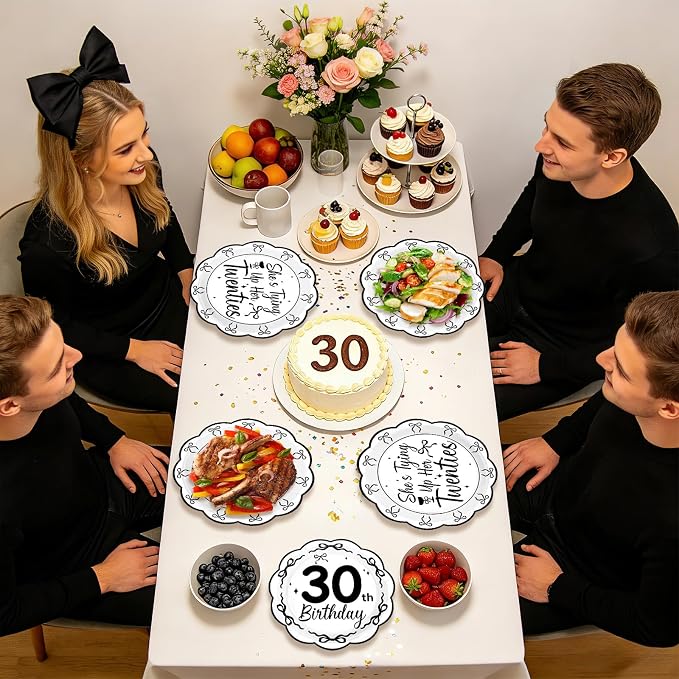96Pcs Black Bow 30th Birthday Party Decorations, Serves 24 | She's Tying up Her Twenties Plates and Napkins Scalloped Black and White Bow Tableware Set for 30 Year Old Women Rip 20s Bday