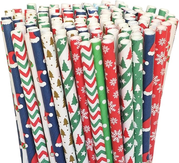 200 Pcs Christmas Paper Straws, 10 Styles Biodegradable Colorful Disposable Drinking Christmas Straws for Christmas Party Supplies, Desserts, Thanksgiving, New Year and Holiday Party Decorations