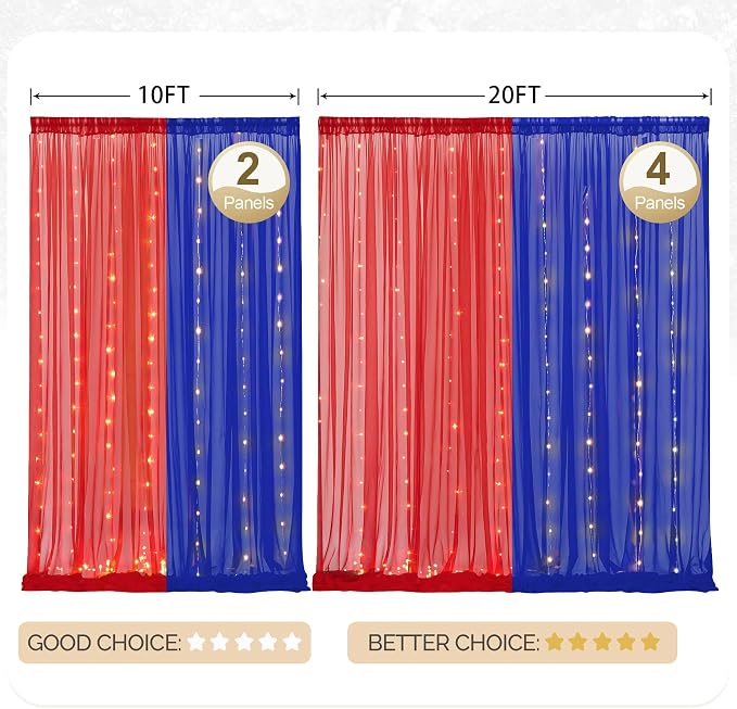 10x10ft Royal Blue Red Tulle Backdrop Curtain with Lights String for Parites, Sheer Photo Backdrop Curtains with lights for Wedding Backdrop Ceremony Reception Bridal Shower Baby Shower Birthday Party