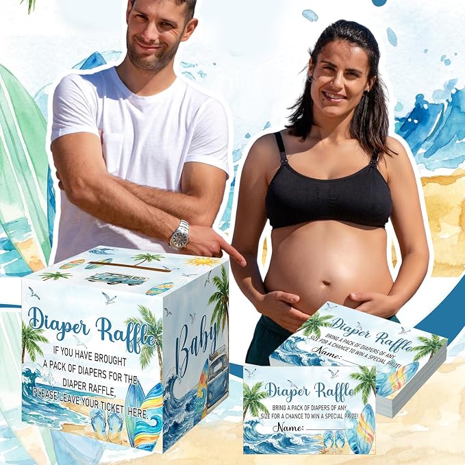 Teling 51 Pieces Diaper Raffle Tickets with Card Box Baby Shower Decorations Gender Reveal Holder Box for Girl Boy Diaper Raffle Party(Surf, Baby on Board)