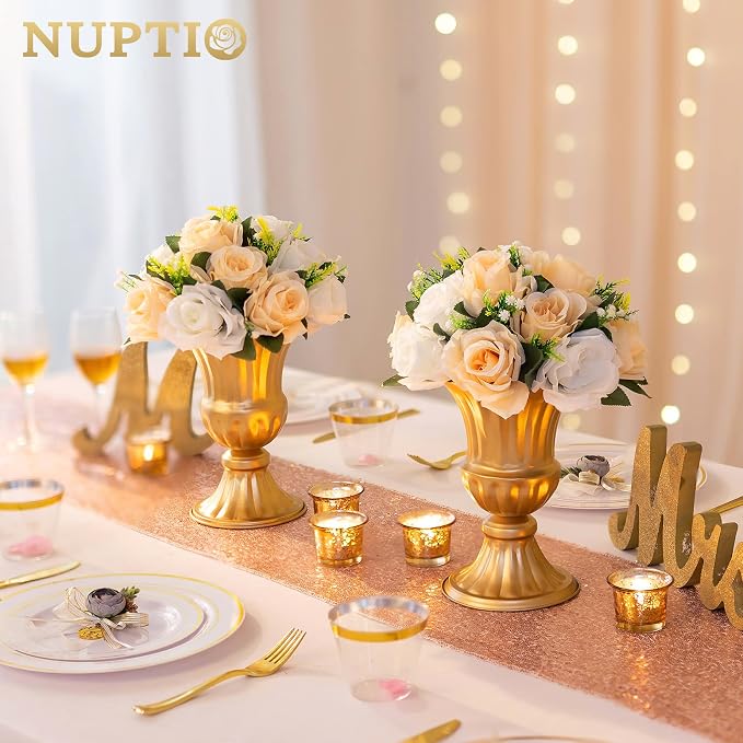 NUPTIO Flower Balls Wedding Table Centerpieces, Peachy Champagne & White | 10 Pcs 9.5 inch Artificial Rose Floral Bouquet Arrangement, for Bridal Shower, Birthday Party Decorations