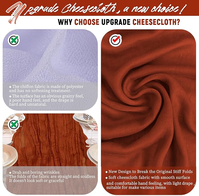 24 Packs Terracotta Cheesecloth Table Runner,10ft Rustic Gauze Boho Wedding Table Runner Decoration, Wedding Table Decor Sheer Table Runner for Wedding Party Bridal Shower Table