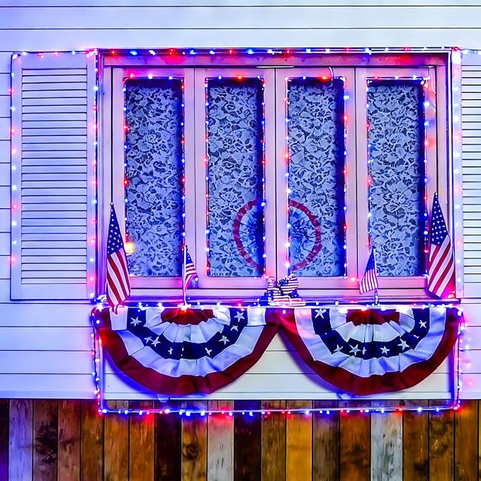 YEGUO 8 Pack Fairy Lights Battery Operated, Each 16ft 50 LED 4th of July Lights, 2 Modes Christmas Lights for Outside Patio Yard Tree Decorations(Red White and Blue)