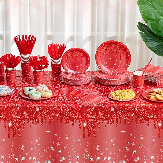 452 Pcs Red Birthday Party Decoration for 50 Guest, Red Diamond Glitter Paper Plates Napkins Cups Tablecloth Cutlery Straws Tableware for Birthday Wedding Baby Shower Graduation Party Supply