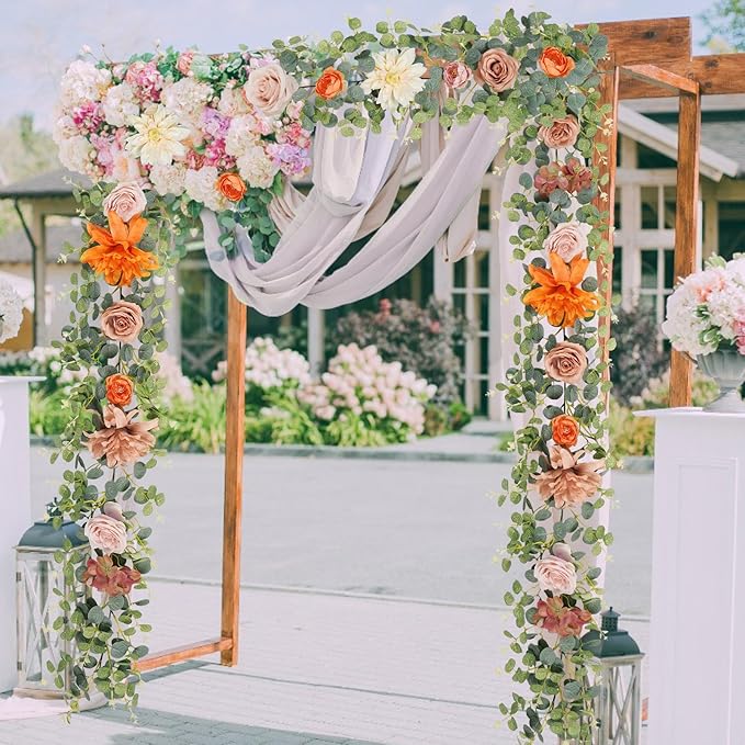 Waipfaru 2Pcs Fall Garland Decor, 6Ft Eucalyptus Flower Garland for Table, Fall Floral Vines with Terracotta Flowers for Wedding Arch Backdrop Wall Thanksgiving Decorations (Terracotta)