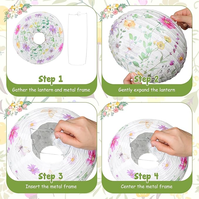 Baquler 12 Pcs Spring Wildflower Paper Lanterns Party Decorations Pink Purple Floral Hanging Lanterns 3 Styles for Baby in Bloom Baby Shower Wedding Garden Tea Summer Home Indoor Outdoor Party Decor