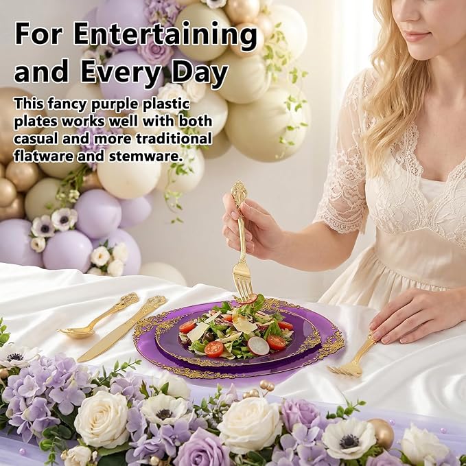 102PCS Purple and Gold Plastic Plates - High End Purple Disposable Plate - Vintage Dinner & Dessert Plates for 51 Guests Birthday Party Wedding