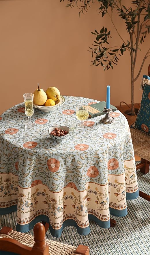 patdrea Vintage French Linen Tablecloth,Round,Diameter 55"-Wensel | Italian Provencal Table Cloth for Round Table,Colorful Floral Patterned,Dining Room Tea Party Thanksgiving Decor