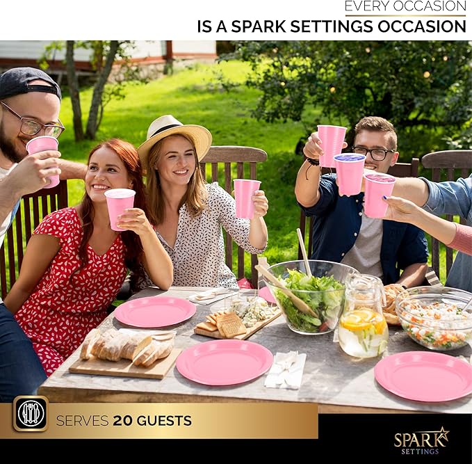 Pink Party Supplies Set Paper Plates Plastic Cups Forks Knives Spoons Napkins Tablecloth Serves 20 Guests Disposable Dinnerware Set of 222 Pieces, Complete Tableware for Party - By SparkSettings