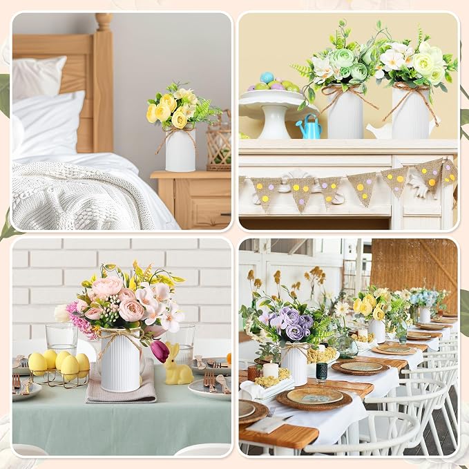 Wavwavw 6 Pcs Wedding Table Centerpieces Artificial Flowers with Vase Pastel Fake Camellias Floral Bouquet Purple Pink Blue Yellow Flowers Arrangement Summer Table Decorations for Home Party Decor