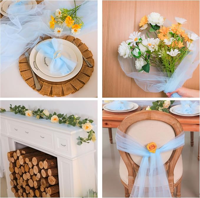 Snowkingdom Light Blue Table Runner 10FT, Baby Blue Sheer Cheesecloth Gauze Runner 120 Inch, Rustic Boho Party Table Decoration for Wedding Bridal Baby Shower Birthday Christmas Winter Holiday