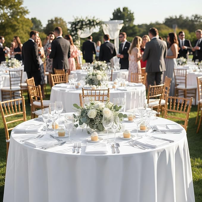 10-Pack White Round Tablecloths, 70 Inches, Stain-Resistant Polyester for 3-4 Ft Round Tables - Washable Table Covers for Weddings, Banquets, Birthday Parties, Events