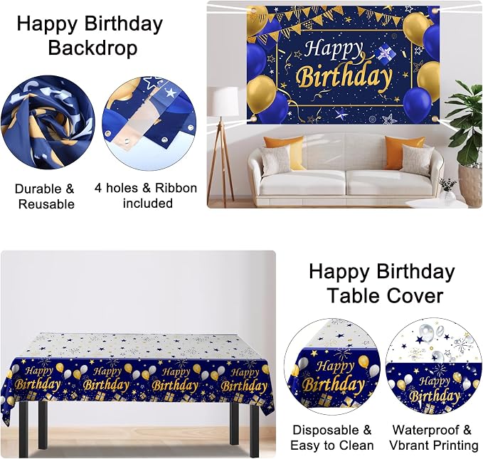 Gold and Blue Birthday Decorations for Men Boys Women Girls, 80pcs Blue and Gold Party Decorations Happy Birthday Backdrop Banner White Confetti Star Balloons Arch Tablecloth Party Supplies