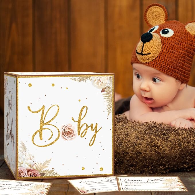 Teling 51 Pieces Diaper Raffle Tickets with Card Box Baby Shower Decorations Baby Shower Holder Box for Girl Boy Diaper Raffle Party(Boho Pampas Grass Dried Flower)