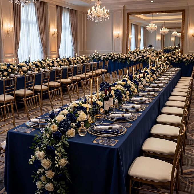 KIRE 175Pcs Blue Plastic Plates - Navy Blue Plates Disposable - 25 for Dinner 25 for Dessert 25 Pre Rolled Napkins with Gold Plastic Silverware and 25 Cups for Birthday/Wedding/Passover/Graduation