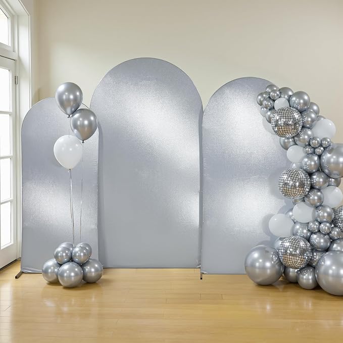 Silver Shimmer Arch Backdrop Cover Set of 3 (6 6.6 7.2FT) with Zipper,Thick Soft Stretchy Sequin Glitter Spandex Fitted Chiara Cover for Wedding Birthday Baby Shower Graduation Party Photo Backdrop