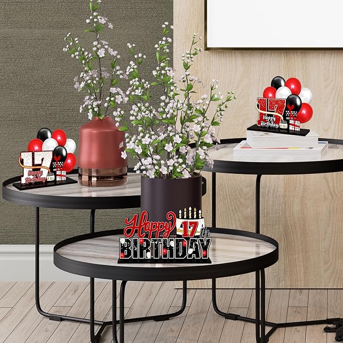 LINGTEER Happy 17th Birthday Red Acrylic Table Topper Centerpieces Set - Cheers to Seventeen Years Old Birthday 17th Bday Party Gift Decorations.