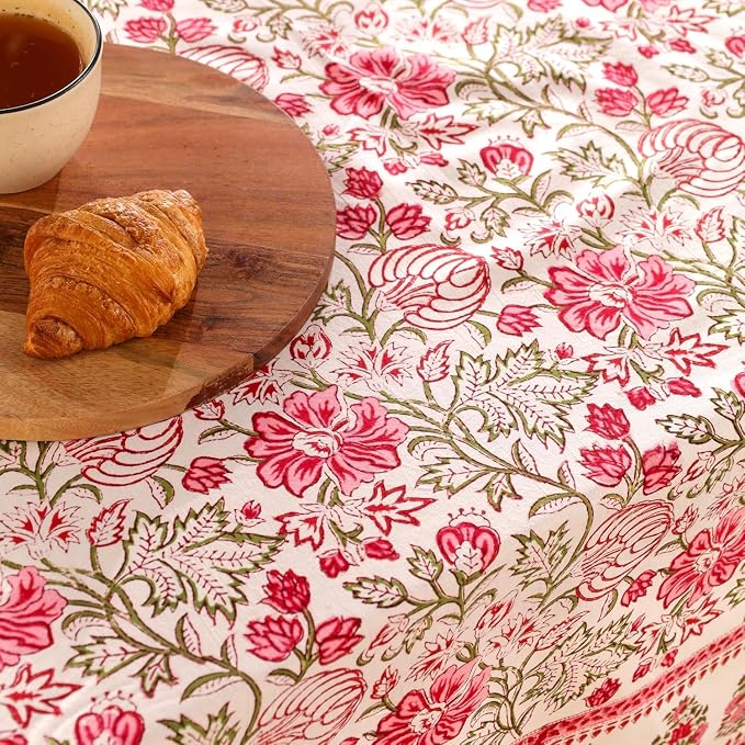 Hand Block Printed Tablecloth, Colorful Floral Print, Indian Artisan Handmade Art, Dining Room, Kitchen, Outdoor Décor, (Peach Rose Bloom, 12 Seater 72 x 135 Inches Rectangle)