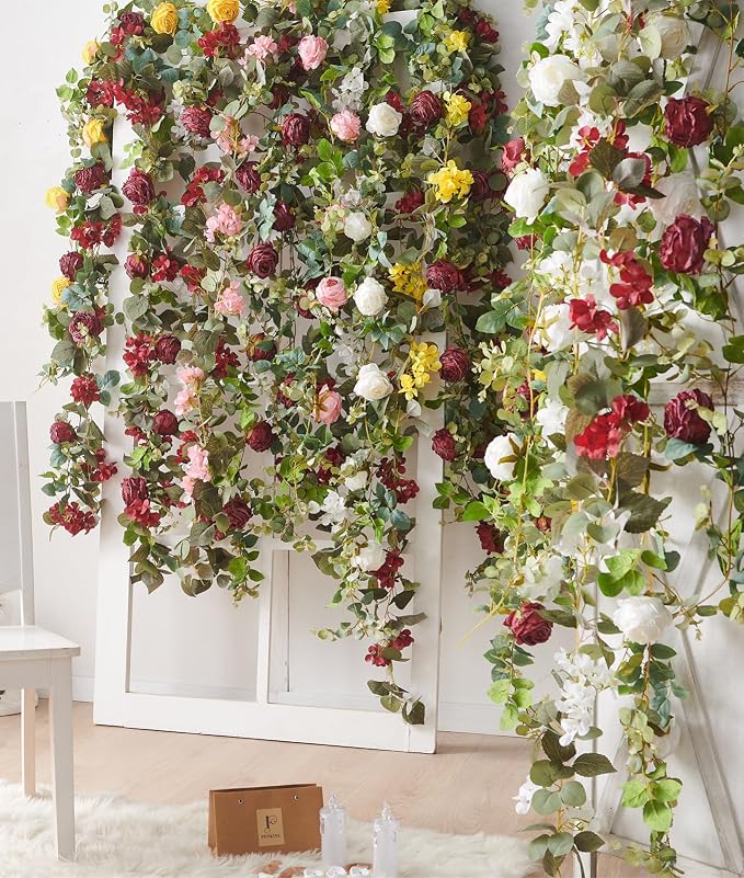 PONKING Flower Garland Artificial Rose & Hydrangea Vine Hanging Fake Flowers Vines for Wedding Birthday Party Valentines Christmas Room Wall Arch Decor, 1 Rose & 1 Hydrangea Light Pink Floral Garland