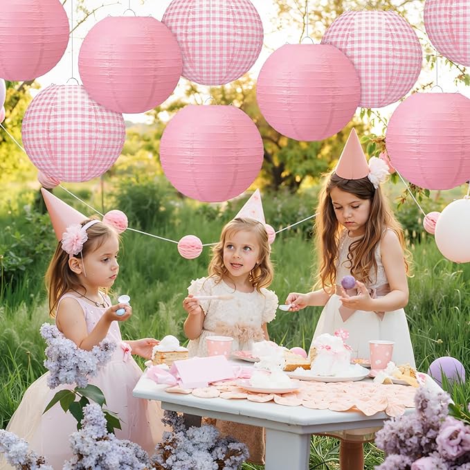 Honoson 12 Pcs Pink Gingham Paper Lanterns Decoration10 Inch White and Pink Checkered Plaid Round Chinese Hanging Lanterns for Baby Girl Shower Wedding Birthday Picnic BBQ Decoration