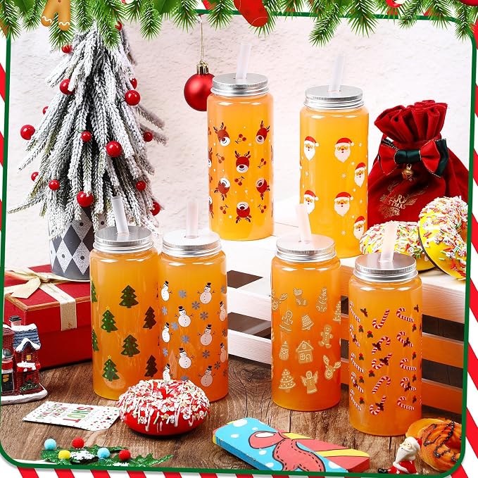 Skylety 30 Pcs Christmas Plastic Cups with Lids and Straws 13.5 oz Tree Gingerbread Snowman Santa Claus Elk Candy Reusable Plastic Tumbler Christmas Party Decor for Xmas Women Birthday Party Supplies