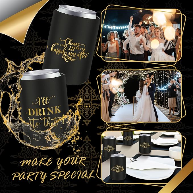 SiliFine 101 Pcs Black Wedding Can Cooler Bulk Engagement Party Favors for 100 Guests Cheers to Love Laughter, and I'll Drink Can Cooler with Wooden Wedding Table Sign Bridal Shower Favor