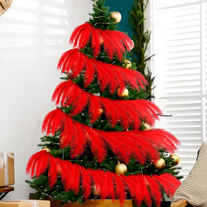 2025 2 Pcs 6 ft Christmas Tree Garland Decoration Pampas Grass Garland Faux Artificial Fabric Feathers Boho for Mantle Xmas Tree Home Farmhouse Christmas Holiday Party Supplies(Red)