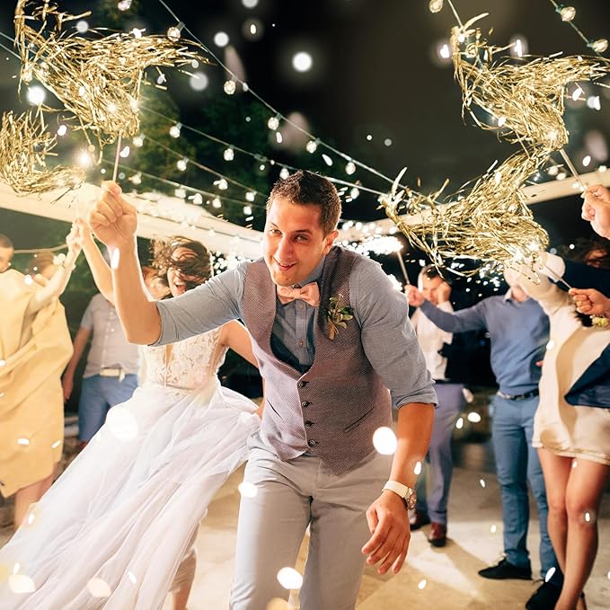 Simgoing 100 Pcs Lighted Wedding Wands LED Tinsel Wands Light up Streamers Sparklers for Wedding Send Off and Exits Birthday Party Props Favors(Champagne)