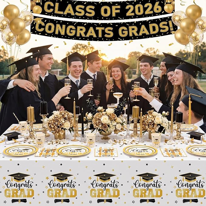 Funnymoom 452 Pcs Class of 2026 Gold Graduation Party Supplies for 50, White Gold Graduation Paper Plates Napkins Cups Tablecloth Cutlery Straws for College High School Congrats Grad Party Decoration