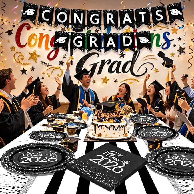 354Pcs Black and Silver Graduation Decorations Set,2026 Graduation Party Supplies Serves 50,Includes Congrats Grad Banner Paper Plates Cups Napkins Tablecloths Tableware for Class of 2026