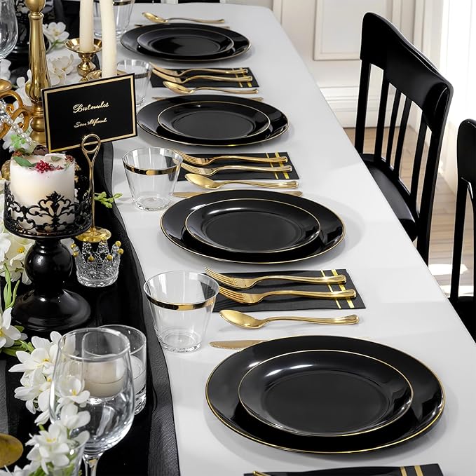 NOCCUR 350PCS Black and Gold Plastic Plates - Black Disposable Dinnerware Set for 50 Guests, 100 Dinner/Dessert Plates, 150 Gold Silverware, 50 Cups&50 Napkins for Party/Birthday/Graduation