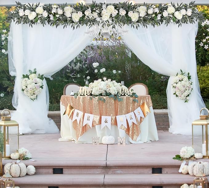 DearHouse 2Pack Artificial Peony Flower Garland - 6ft/Strand Silk Peony Flower Greenery Garland with Fake Willow Leaves for Wedding Ceremony Backdrop Party Table Centerpieces Decor (White)