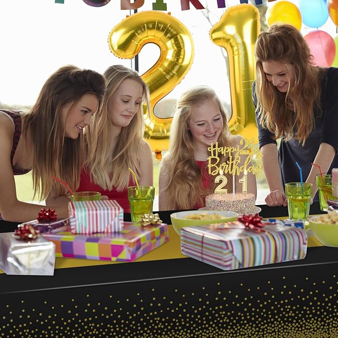 21st Birthday Decorations for Him Her with Banner, Black and Gold Table Cloth, Number Balloons, Large 21st Birthday Sash, Cake Topper and Candles